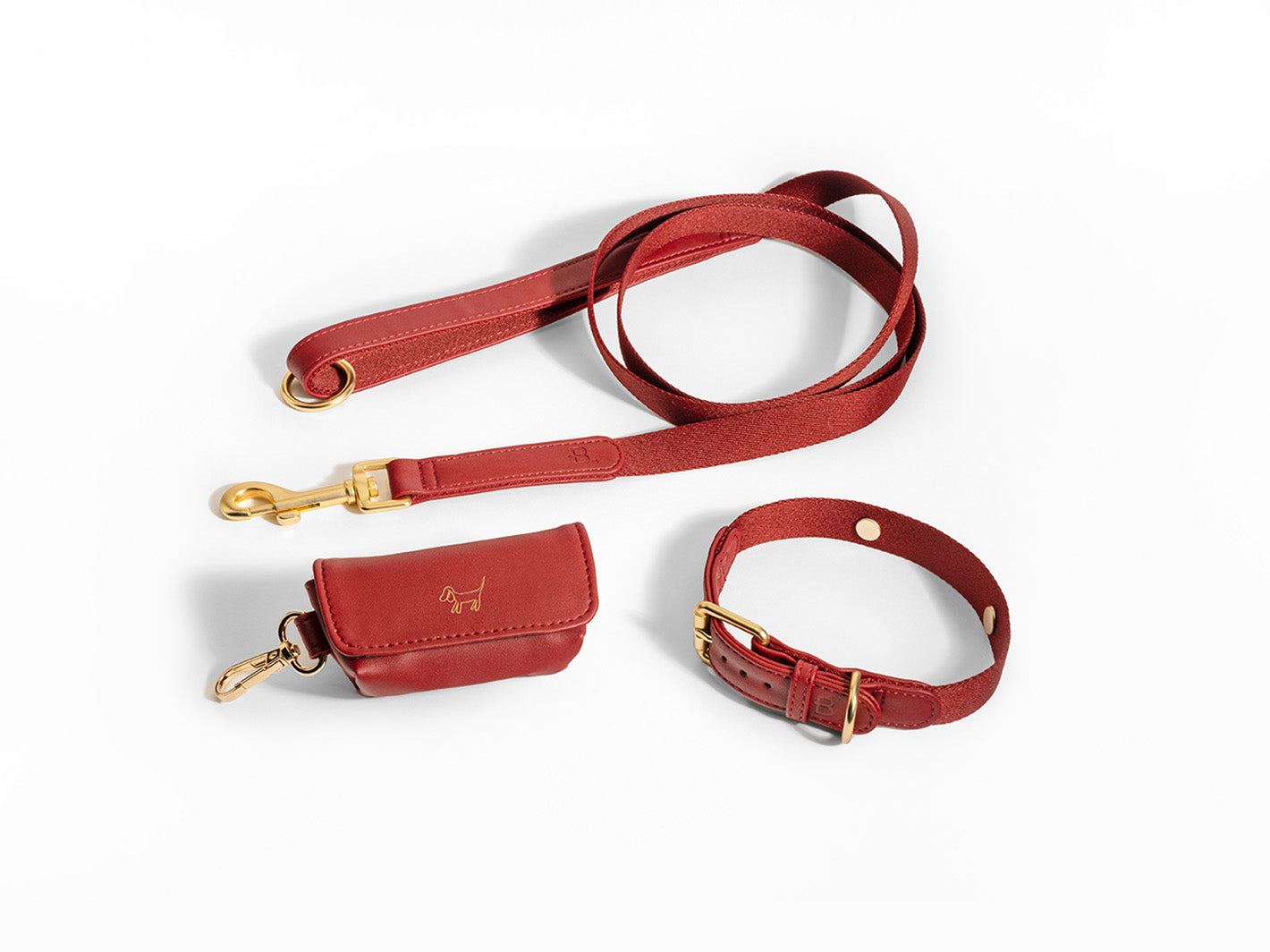 Burgundy dog collar walk kit + Poop Bag Holder